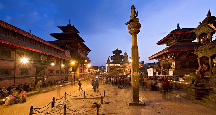 Hindu festival of Tihar (festival of lights), in Durbar Square, site of the statue of Garuda on top of a column, Patan, near Kathmandu, Nepal, Asia